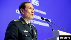中国国防部长魏凤和2019年6月2日在香格里拉对话会上发言(路透社)