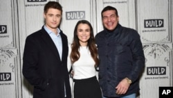 Actors Max Irons (left) Samantha Barks and Tamer Hassan participate in the BUILD Speaker Series to discuss the film "Bitter Harvest" at AOL Studios, Feb. 16, 2017, in New York.