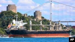 Російське вантажне судно, яке, за даними AP, є частиною масштабної контрабандної операції, керованої Росією, з перевезення викраденого українського зерна з портів окупованого Криму клієнтам на Близькому Сході. AP Photo/Yoruk Isik