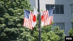 特朗普访日期间东京街头悬挂的美日国旗。(美国之音歌篮拍摄)