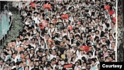 赵胜因为出现在《苹果日报》2019年6月10日报道头一天百万大游行的照片中,开始被上司“穿小鞋”进而被降职。图为那副照片的一小部分。(苹果日报翻拍)