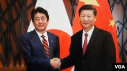 11月11日习近平在越南与安倍会谈前笑容握手(日本首相官邸档案图片)