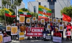 缅甸人普遍指控北京支持军政府政变。图为洛杉矶缅甸社区2021年3月31日在中领馆前抗议。(洛杉矶缅甸民主团体提供)