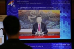 中国领导人习近平在APEC会议上发表视频讲话。(2020年11月19日)