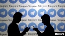 两名使用手机的男子站在俄罗斯加密通信平台Telegram的标志前。(2015年11月18日)