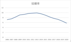 中国2006-2020年粗结婚率(数据来源:中国民政部,美国之音江真整理)