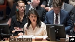 美国常驻联合国代表黑利大使在安理会发言。(2018年5月15日)