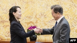 朝鲜领导人金正恩的妹妹金与正在青瓦台与韩国总统文在寅会谈,转交金正恩的来函(2018年2月10日)
