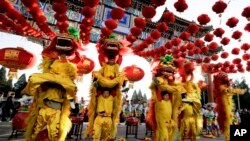 表演者们在北京地坛公园参加舞狮表演,庆祝中国农历新年(2016年2月8日)。