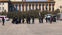 2019年3月15日,北京两会安保人员携警犬在人民大会堂前集合(美国之音叶兵拍摄)