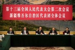 2019年3月12日在北京人民大会堂举行的全国人大会议新疆维吾尔自治区代表团会议上,新疆党委书记陈全国(中)讲话。