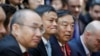 在中国北京SOHO 3Q(共享办公空间),阿里巴巴集团董事长兼首席执行官马云、SOHO中国公司董事长潘石屹等中国和法国企业家等待法国总统马克龙(2018年1月9日)。