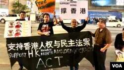 中国民主党洛杉矶集会,支持美国国会“香港人权与民主法案”,支持者在好莱坞大道的繁华地带(美国之音雨舟)