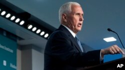 美国前副总统迈克·彭斯(Mike Pence)2023年9月18日在华盛顿保守派智库哈德逊研究所发表演说。(美联社)