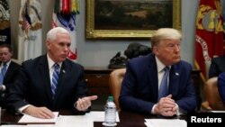 美国总统特朗普和副总统彭斯在华盛顿白宫罗斯福厅与美国主要保险商举行会谈(2020年3月10日)。