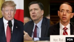 照片由左至右为美国总统川普、前联邦调查局长科米,和司法部副部长罗森斯坦。