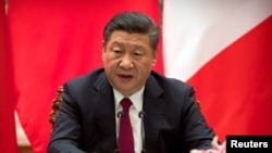中共总书记、中国国家主席习近平在人民大会堂的联合记者会上讲话。(2018年1月9日)