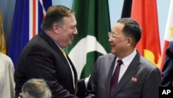 美国国务卿蓬佩奥在新加坡出席东盟外长会议期间与朝鲜外相李勇浩握手。(2018年8月4日)