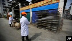资料照:2013年上海一个批发市场工人给鸡笼消毒