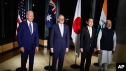资料照片:美国总统拜登(左起)、澳大利亚总理阿尔巴内塞、时任日本首相岸田文雄和印度总理莫迪在日本广岛举行四方安全会议。(2023年5月20 日)