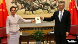 资料照片:英国驻华大使吴若兰(左)与中国驻英大使刘晓明手持习近平的书合影。