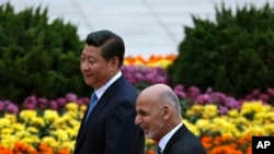 中国国家主席习近平和来访的阿富汗总统加尼检阅三军仪仗队。(2014年10月28日)