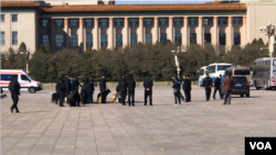 2019年3月15日,北京两会安保人员携警犬在人民大会堂前集合(美国之音叶兵拍摄)