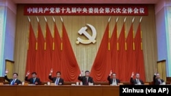 在新华社发布的这张照片中,包括中国国家主席习近平(中)和国务院总理李克强(右三)在内的中共中央政治局常委在十九大会议上举手。