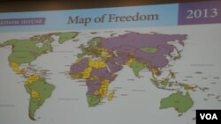 2013 世界自由图:绿色为自由地区,黄色为部分自由地区,紫色为不自由地区(美国之音钟辰芳拍摄)