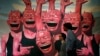 中国艺术家岳敏君的画作《人与兽之间》在香港被拍卖。(2013年10月2日)