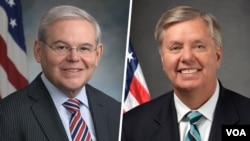 参议院外交关系委员会主席梅嫩德斯参议员(Sen. Bob Menendez, D-NJ)(左)和参议院预算委员会首席共和党议员格雷厄姆(Sen. Lindsey Graham, R-SC)(右)