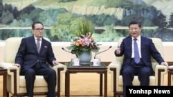 2016年6月1日中国领导人习近平(右)在北京会见朝鲜劳动党中央政治局委员李洙墉