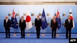出席北约峰会的日本、韩国、澳大利亚和新西兰的政府首脑2023年7月12日与北约秘书长延斯·斯托尔滕贝格(中)合影。(法新社)