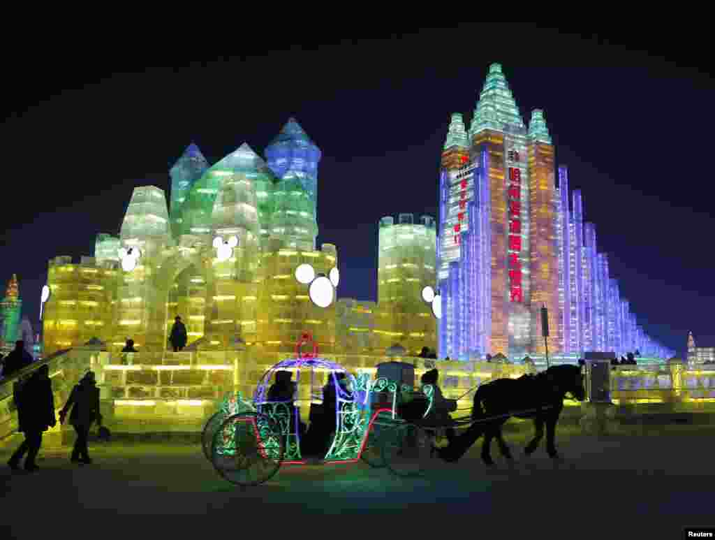 哈尔滨国际冰雪节,有人坐马车游览(2014年1月5日)。