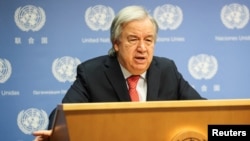 ကုလသမဂ္ဂအထွေထွေအတွင်းရေးမှူးချုပ် Antonio Guterres နယူးယောက်မြို့ ကုလရုံးချုပ်မှာ စကားပြောစဥ်။