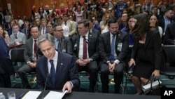 Держсекретар США Ентоні Блінкен доповідає на слуханнях сенатського Комітету з міжнародних відносин щодо бюджету Держдепартаменту США на 2025 фінансовий рік. Деякі активісти в залі вимагають зупинити допомогу Ізраїлю, перестати фінансувати Київ та зняти усі санкції з Китаю.