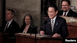 日本首先岸田文雄(Fumio Kishida)2024年4月11日在美国国会山对参众两院联席会议发表演说。(路透社)