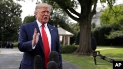 美国总统特朗普在前往辛辛那提参加竞选集会前接受记者采访(2019年8月1日)。