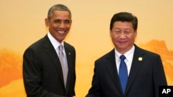 美国总统奥巴马和中国国家主席习近平在亚太经合峰会欢迎仪式上握手。双方在这次会议上达成了减少碳排放的协定。(资料照片)