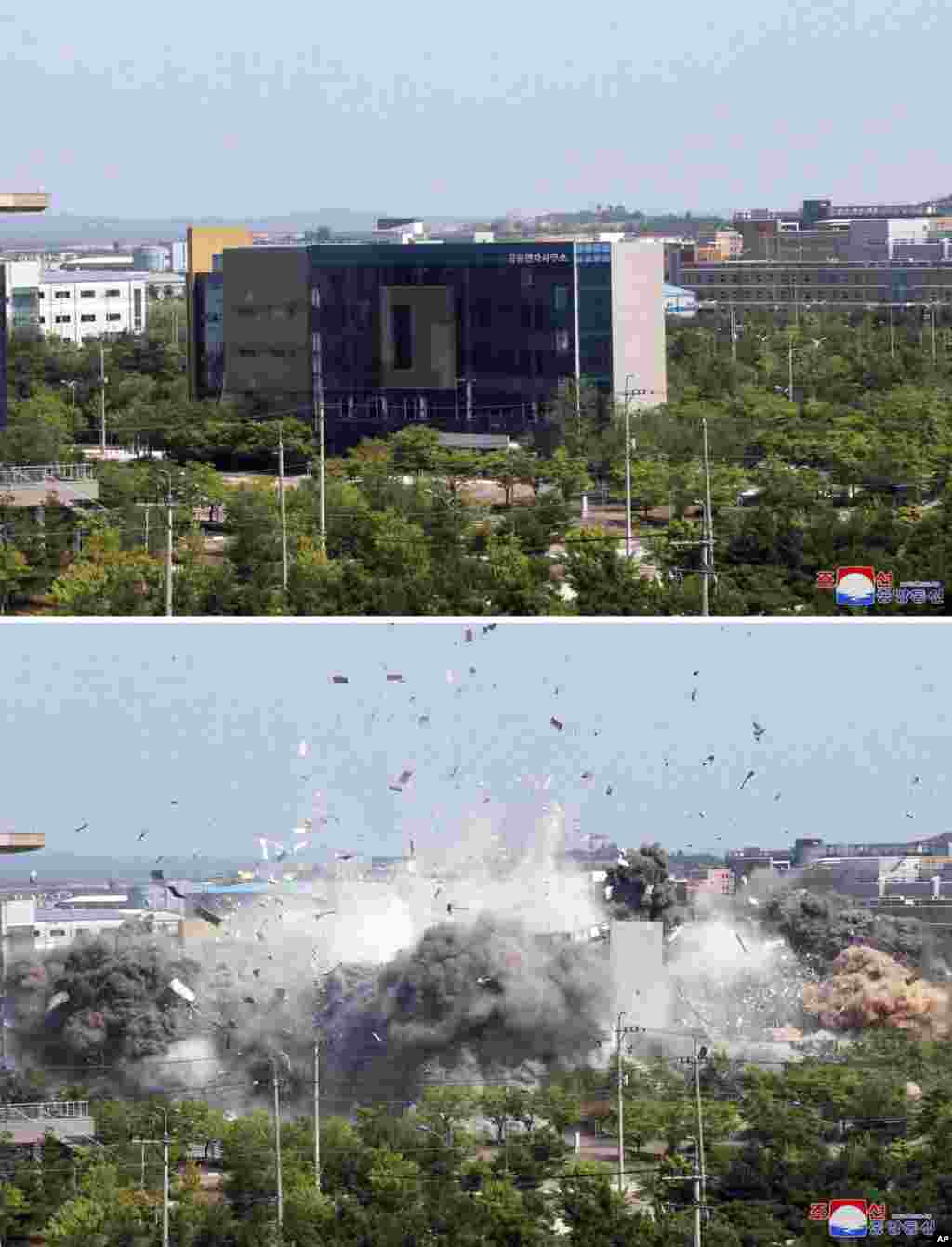 မြောက်ကိုရီးယားနိုင်ငံ Kaesong မြို့ရှိ ဆက်ဆံရေးရုံး ဖောက်ခွဲဖျက်ဆီးခံရတဲ့ မြင်ကွင်း။ (ဇွန် ၁၆၊ ၂၀၂၀) 