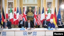 英国伦敦兰开斯特宫,英国财政大臣苏纳克在七国集团领导人峰会前的七国集团财政部长会议上发言(2021年6月4日)。