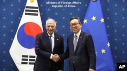 韩国外交部长赵兑烈(右)在首尔外交部与到访的欧盟外交政策负责人何塞普·博雷利举行会谈。(2024年11月4日)