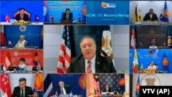 美国国务卿蓬佩奥2020年9月10日参加美国与东盟外长的视频会议(视频截图)。