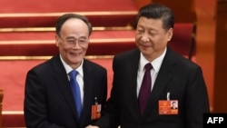 前中央纪委书记王岐山在中国第十三届全国人大第五次全体会议上当选中国副主席,与当选连任的中国国家主席习近平握手 (2018年3月17日)