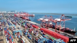中国江苏省连云港港口的集装箱和龙门起重机。(2024年8月7日)