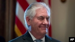 美国国务卿蒂勒森在白宫进行的一次内阁会议中面露微笑,当时川普总统正在会议中讲话(2017年3月13日)