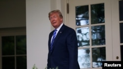 美国总统特朗普在白宫欢迎蒙古总统巴图尔加之后,站在椭圆形办公室外(2019年7月31日)