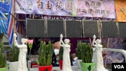 香港支联会连续两年以“自由花圃”命名维园年宵摊位,售卖小型民主女神像花瓶。今年港支联年宵花市租约被港府终止。(美国之音 湯惠芸拍攝)
