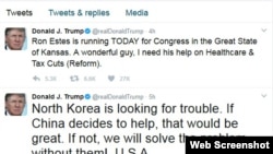 川普总统有关朝核问题的最新推文(网络截图)