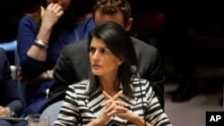 美国驻联合国大使黑利在联合国总统参加安理会恐怖主义威胁会议(2017年2月7日)